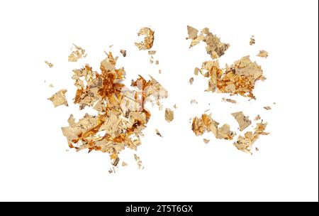 Many pieces of edible gold leaf isolated on white, top view Stock Photo