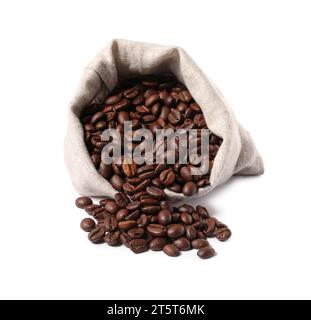 Overturned bag with roasted coffee beans isolated on white Stock Photo
