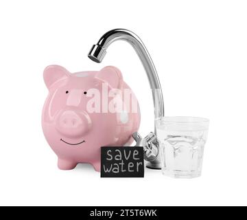 Water scarcity concept. Card with phrase Save Water, piggy bank, tap and glass of drink isolated on white Stock Photo