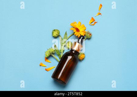 Bottle of essential oil and beautiful calendula flowers on light blue background, flat lay Stock Photo