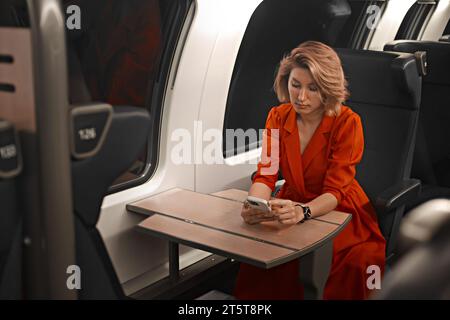 Calm pretty female traveler sitting in the modern train wagon near window during evening time using smartphone. Travel, safety of commuter or passenge Stock Photo