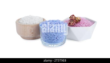Different sea salt and dry rose flowers isolated on white, top view ...