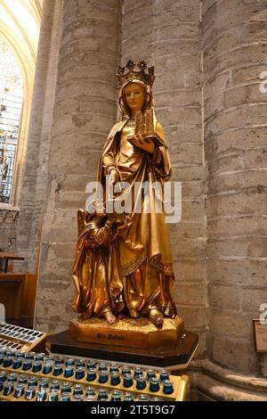 Statue of Saint Gudula inside the Cathedral of St. Michael and St. Gudula (Cathédrale des Saints Michel et Gudule) – Brussels Belgium – 23 October 202 Stock Photo