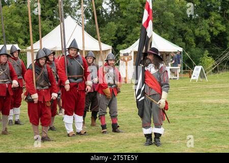 Pikemen getting ready for battle with their ensign flag bearer in front. Siege of Basing House, English Civil War reenactment. 16.09.23 Basingstoke Stock Photo