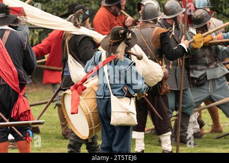 Drummer, ensign and pikemen at a reenactment of the Siege of Basing House, English civil war by the English Civil War Society 16.09.23 Stock Photo