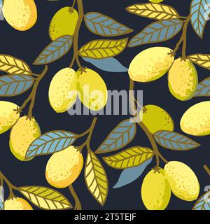 Seamless pattern with lemon fruits and leaves. Vector illustration of lemon branches in minimalistic doodle style. Stock Vector