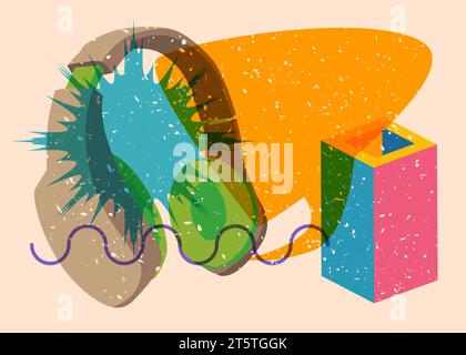 Risograph Headset with speech bubble and geometric shapes. Audio speaker, objects in trendy riso graph print texture style design with geometry elemen Stock Vector