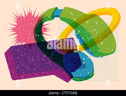 Risograph Headset with speech bubble and geometric shapes. Audio speaker, objects in trendy riso graph print texture style design with geometry elemen Stock Vector