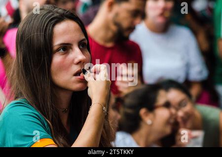 Rio De Janeiro, Brazil. 04th Nov, 2023. A young Fluminense fan watches anxiously the final match of the Copa Libertadores da America, at Tijuca neighborhood in Rio de Janeiro (04). The final match of the Copa Libertadores da America, between Fluminense and Boca Juniors ended with the final score of 2 :1. The victory going to Fluminense. (Photo by Ramon Vellasco/SOPA Images/Sipa USA) Credit: Sipa USA/Alamy Live News Stock Photo