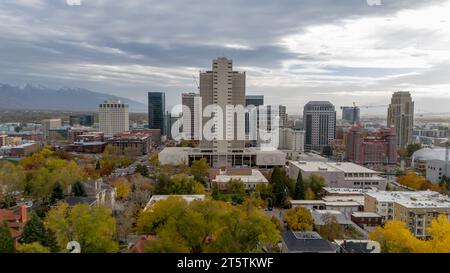 Salt Lake City, UT, USA. 6th Nov, 2023. Aerial view of the Mormon Church Office Building, which is home to the Church of Jesus Christ of Latter-day Saints. (Credit Image: © Walter G Arce Sr/ASP) EDITORIAL USAGE ONLY! Not for Commercial USAGE! Stock Photo