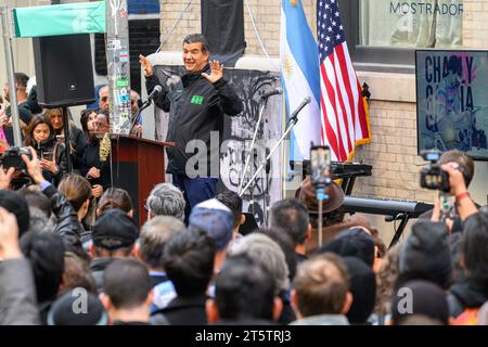 New York, USA. 6th Nov, 2023. New York City's Department of Transportation Commissioner Ydanis Rodriguez addresses the dedication ceremony of the Charly García Corner, honoring the Argentine musician naming after him the intersection of Walker Street and Cortland Alley in the Tribeca neighborhood of Manhattan. Garcia, one of the leading figures in Latin American rock, released his album “Clics Modernos” 40 years ago today, featuring a cover photo of Garcia in that very same corner. Credit: Enrique Shore/Alamy Live News Stock Photo