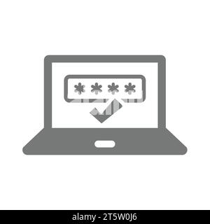 Laptop and password masked characters with checkmark icon. Secured entrance or login no computer vector. Stock Vector