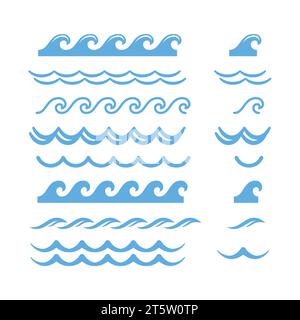 Sea wave seamless line and element vector icon set. Ocean waves line and filled icons. Stock Vector