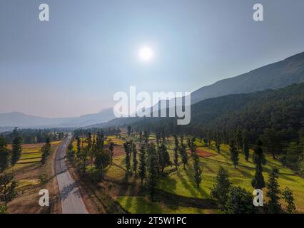 Beautiful aerial view of mountain layer in forest.  Sahyadri mountain range layers with sun Stock Photo