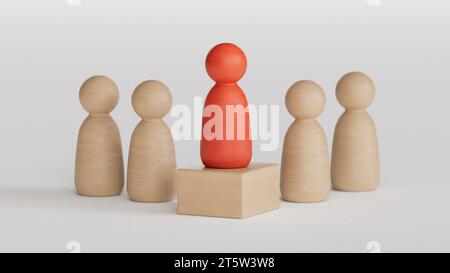 Wooden person model among people, Leadership concept.3D rendering on white background. Stock Photo