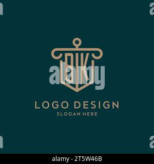 BK monogram initial logo design with shield and pillar shape design Stock Vector