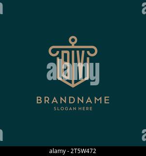 BV monogram initial logo design with shield and pillar shape design Stock Vector