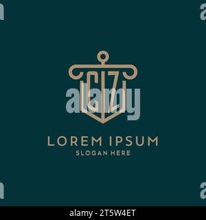 CZ monogram initial logo design with shield and pillar shape design Stock Vector