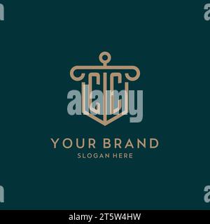 CC monogram initial logo design with shield and pillar shape design Stock Vector