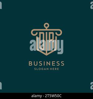 DR monogram initial logo design with shield and pillar shape design Stock Vector