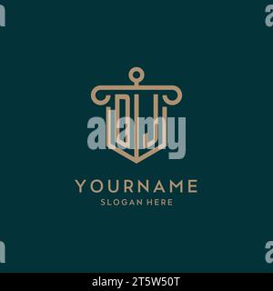 DJ monogram initial logo design with shield and pillar shape design Stock Vector