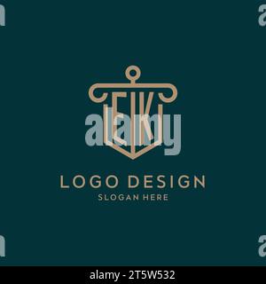 EK monogram initial logo design with shield and pillar shape design Stock Vector