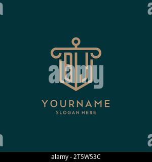 BJ monogram initial logo design with shield and pillar shape design Stock Vector