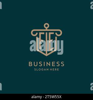 FE monogram initial logo design with shield and pillar shape design Stock Vector