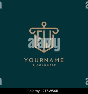 FJ monogram initial logo design with shield and pillar shape design Stock Vector