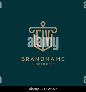 EV monogram initial logo design with shield and pillar shape design Stock Vector
