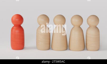 red figurine of a man stands aside from the crowd of people. Asociality, sociopathy. Rejected from society, lonely. Development of leadership and soci Stock Photo