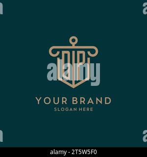 DP monogram initial logo design with shield and pillar shape design Stock Vector