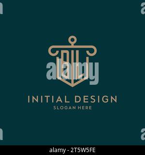 BL monogram initial logo design with shield and pillar shape design Stock Vector