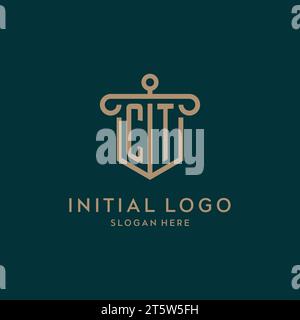 CT monogram initial logo design with shield and pillar shape design Stock Vector