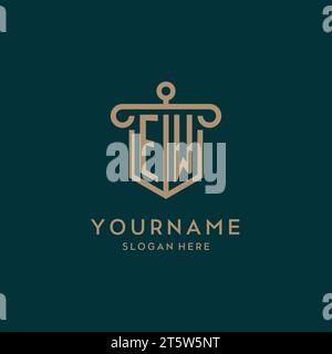 EW monogram initial logo design with shield and pillar shape design Stock Vector