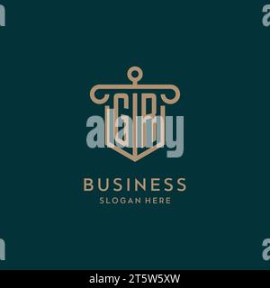GR monogram initial logo design with shield and pillar shape design Stock Vector