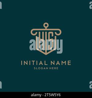 HS monogram initial logo design with shield and pillar shape design Stock Vector
