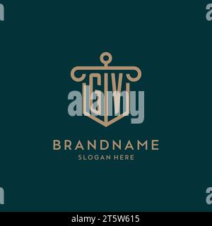 GV monogram initial logo design with shield and pillar shape design Stock Vector