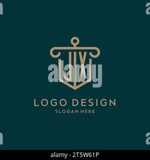 JX monogram initial logo design with shield and pillar shape design Stock Vector