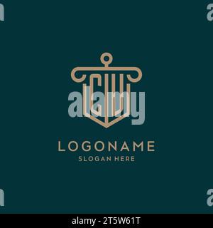 CU monogram initial logo design with shield and pillar shape design Stock Vector