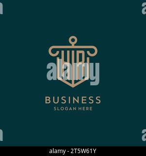 HR monogram initial logo design with shield and pillar shape design Stock Vector