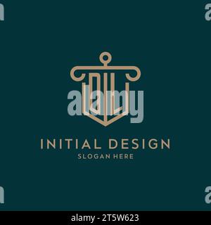 DL monogram initial logo design with shield and pillar shape design Stock Vector