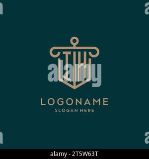 IH monogram initial logo design with shield and pillar shape design Stock Vector