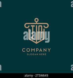 IN monogram initial logo design with shield and pillar shape design Stock Vector