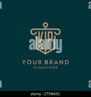 KP monogram initial logo design with shield and pillar shape design Stock Vector