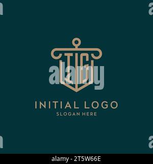 IG monogram initial logo design with shield and pillar shape design Stock Vector
