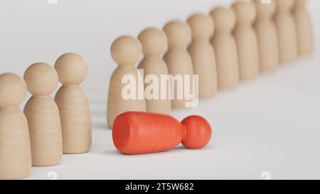 Wooden doll fall out of row line. Moral and physical exhaustion, stress, burnout at work concept.3D rendering on white background. Stock Photo