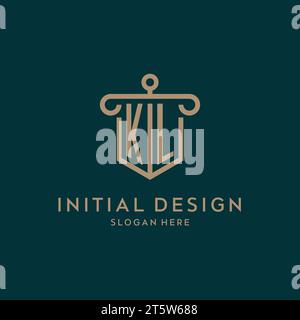 KL monogram initial logo design with shield and pillar shape design Stock Vector