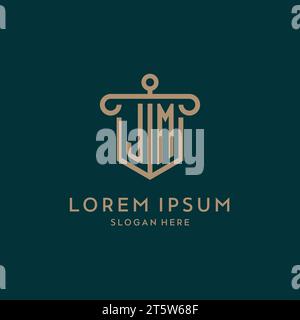 JM monogram initial logo design with shield and pillar shape design Stock Vector
