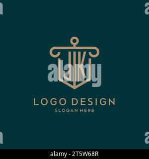 JK monogram initial logo design with shield and pillar shape design Stock Vector